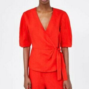 ZARA WOMAN Red Linen Puff Shoulder Wrap Top XS